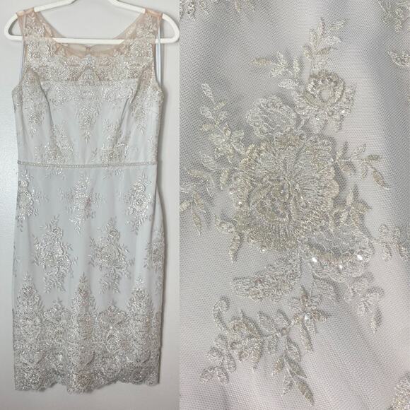 NWT MARCHESA DRESS 8 COCKTAIL FLORAL LACE EMBROIDERED ILLUSION MESH SILVER BRIDE - Picture 1 of 16